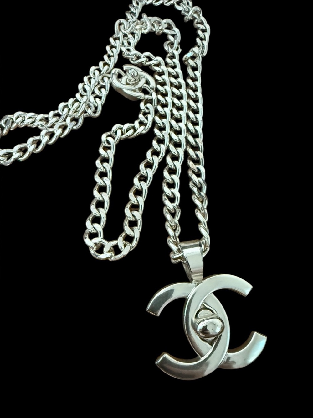 Chanel 1996 CC Turn-lock Silver Tone Interlocking Logo Pendant Necklace
